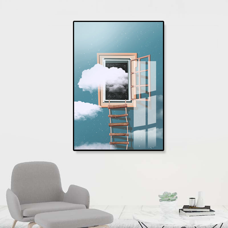 House Building View Canvas Surrealism Style Textured Wall Art Decor in Light Color
