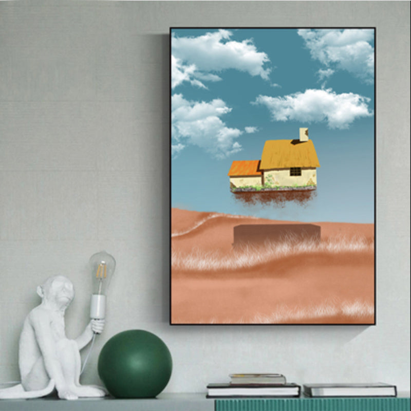 House Building View Canvas Surrealism Style Textured Wall Art Decor in Light Color