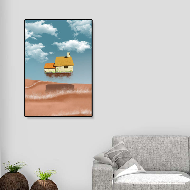 House Building View Canvas Surrealism Style Textured Wall Art Decor in Light Color