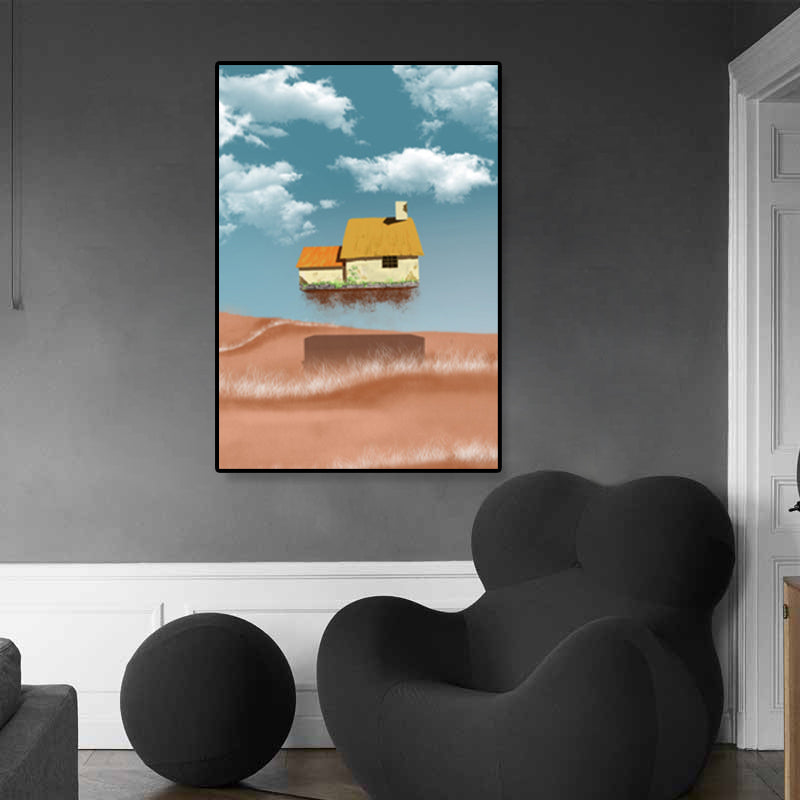 House Building View Canvas Surrealism Style Textured Wall Art Decor in Light Color
