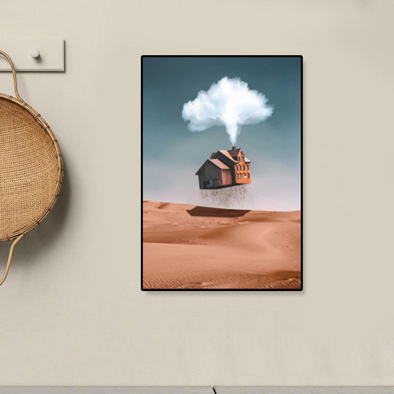 House Building View Canvas Surrealism Style Textured Wall Art Decor in Light Color