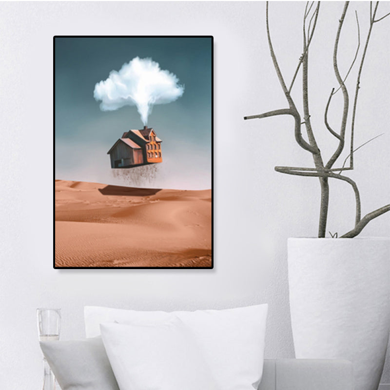House Building View Canvas Surrealism Style Textured Wall Art Decor in Light Color