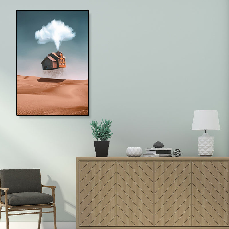 House Building View Canvas Surrealism Style Textured Wall Art Decor in Light Color