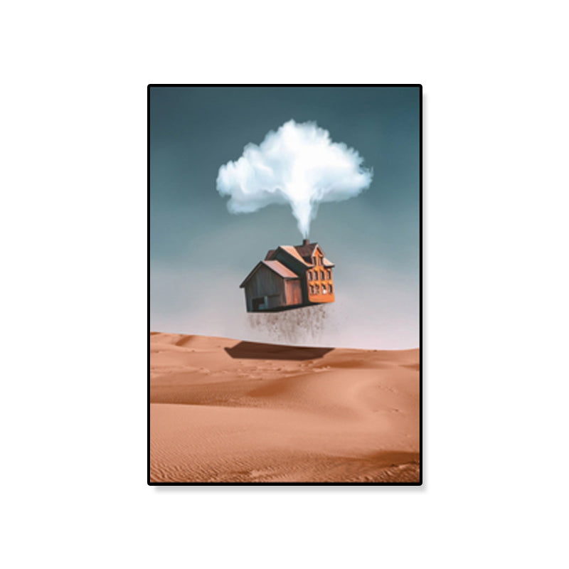 House Building View Canvas Surrealism Style Textured Wall Art Decor in Light Color