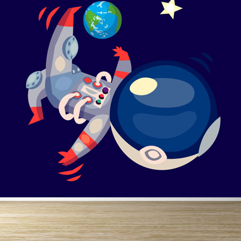 Illustration Style Astronaut Mural Giant Wall Covering for Dining Room, Custom Printed Dark Blue Clearhalo 'Wall Decor' 'Wall Mural' 1863121