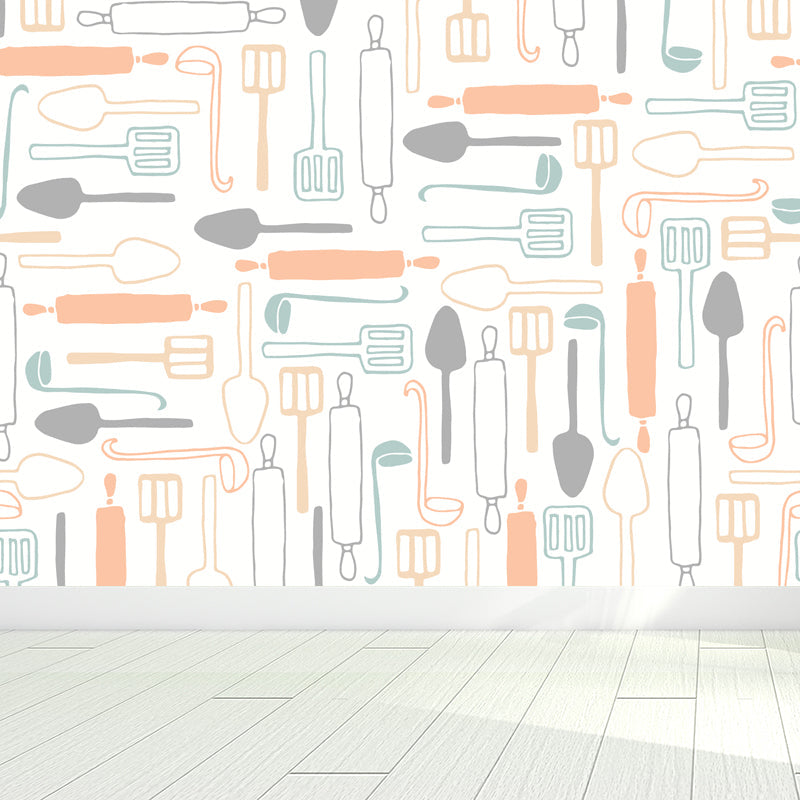 Contemporary Dinnerware Mural Non-Woven Fabric Washable Pastel Wall Decor for Kitchen Light Orange Clearhalo 'Wall Decor' 'Wall Mural' 1863571