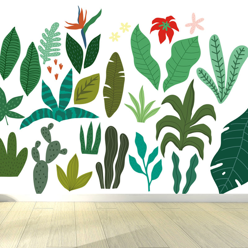 Leaves Print Mural Decals Tropical Non-Woven Textured Wall Covering in Pastel Color White Clearhalo 'Wall Decor' 'Wall Mural' 1864941