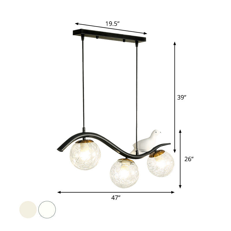 Ball Shade Hanging Lamp Kit Modernism Clear/White Glass 3 Heads Black Island Lighting with Pigeon Decor Clearhalo 'Ceiling Lights' 'Close To Ceiling Lights' 'Glass shade' 'Glass' 'Island Lights' Lighting' 1865753