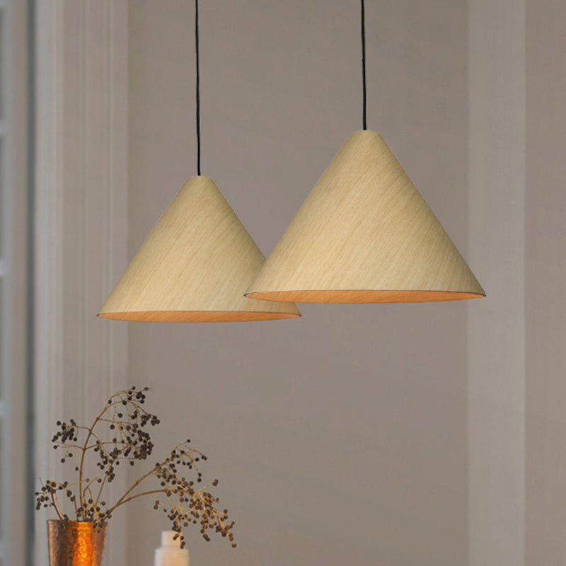 1 Head Cafe Suspension Lamp Rural Red/Beige Hanging Light Fixture with Conic Wood Shade, 10"/13" Wide Beige Clearhalo 'Ceiling Lights' 'Modern Pendants' 'Modern' 'Pendant Lights' 'Pendants' Lighting' 1866215