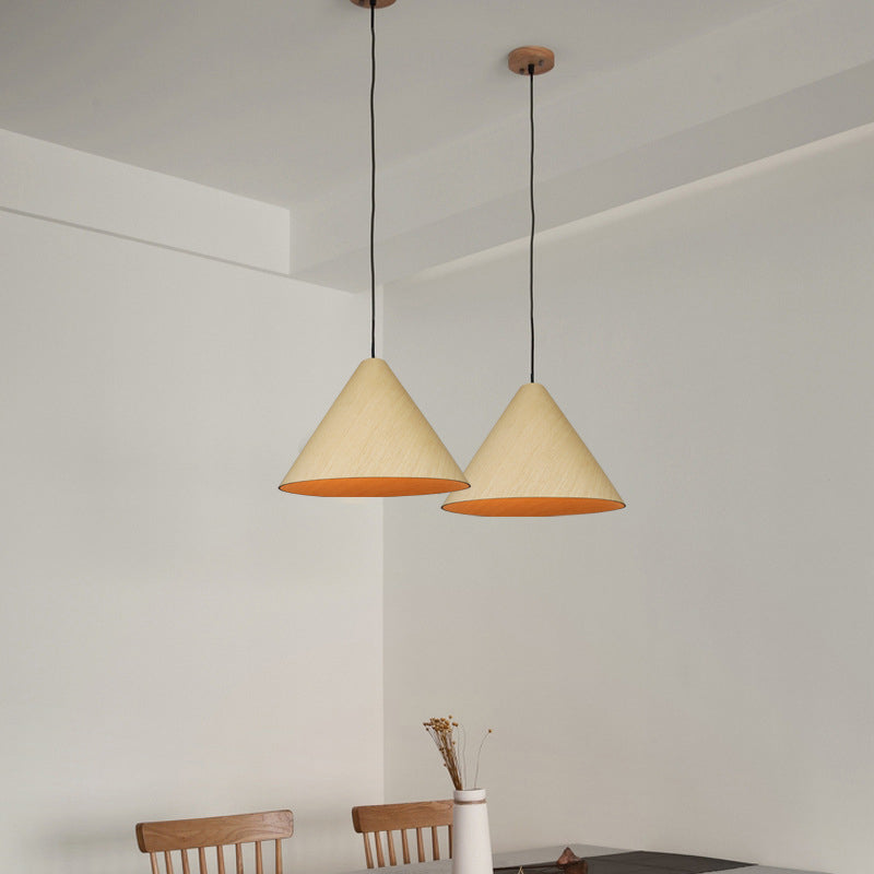1 Head Cafe Suspension Lamp Rural Red/Beige Hanging Light Fixture with Conic Wood Shade, 10"/13" Wide Clearhalo 'Ceiling Lights' 'Modern Pendants' 'Modern' 'Pendant Lights' 'Pendants' Lighting' 1866216