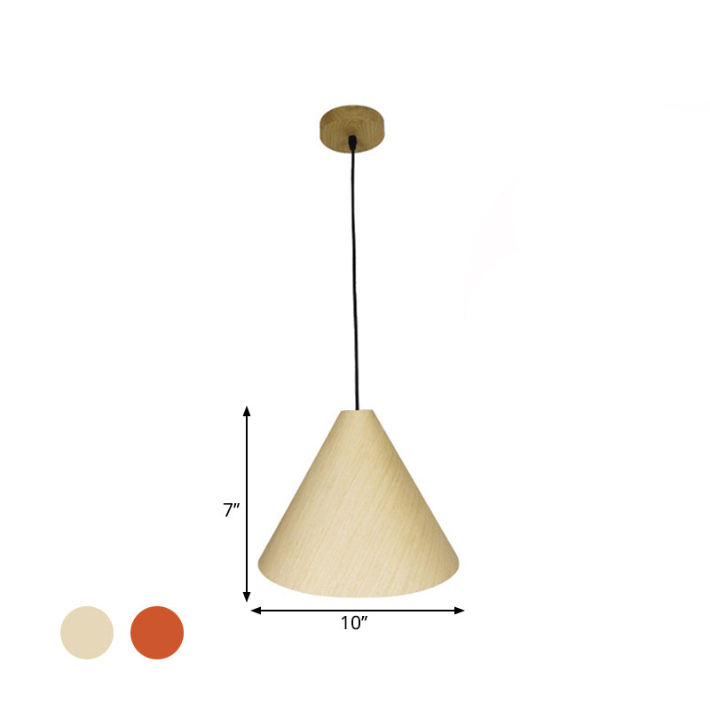 1 Head Cafe Suspension Lamp Rural Red/Beige Hanging Light Fixture with Conic Wood Shade, 10"/13" Wide Clearhalo 'Ceiling Lights' 'Modern Pendants' 'Modern' 'Pendant Lights' 'Pendants' Lighting' 1866218