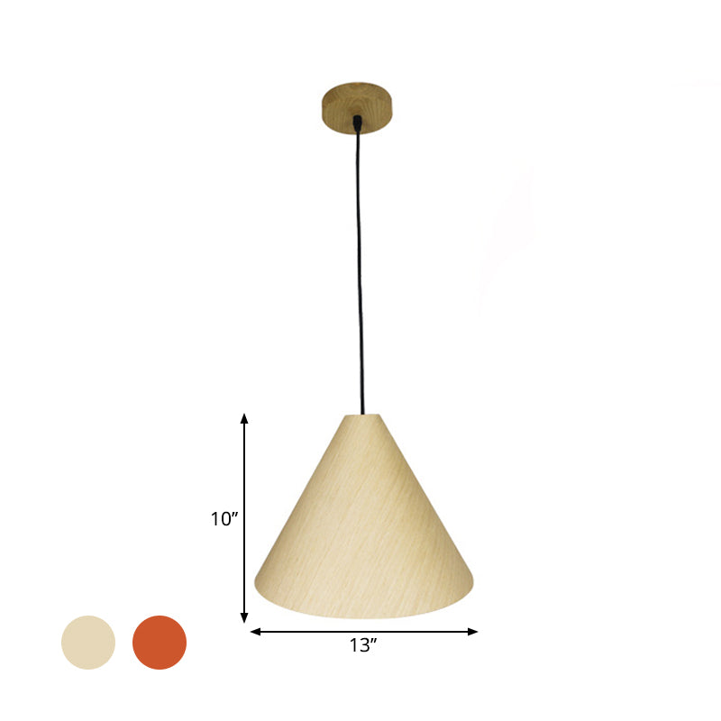 1 Head Cafe Suspension Lamp Rural Red/Beige Hanging Light Fixture with Conic Wood Shade, 10"/13" Wide Clearhalo 'Ceiling Lights' 'Modern Pendants' 'Modern' 'Pendant Lights' 'Pendants' Lighting' 1866219