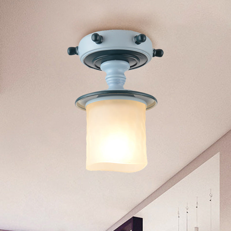 Black/Blue Column/Flared Ceiling Flush Mediterranean 1-Bulb Opaque Glass Semi Flush Mount Light, 6"/13" Width Blue 6" Clearhalo 'Ceiling Lights' 'Close To Ceiling Lights' 'Close to ceiling' 'Glass shade' 'Glass' 'Pendant Lights' 'Semi-flushmount' Lighting' 1866331