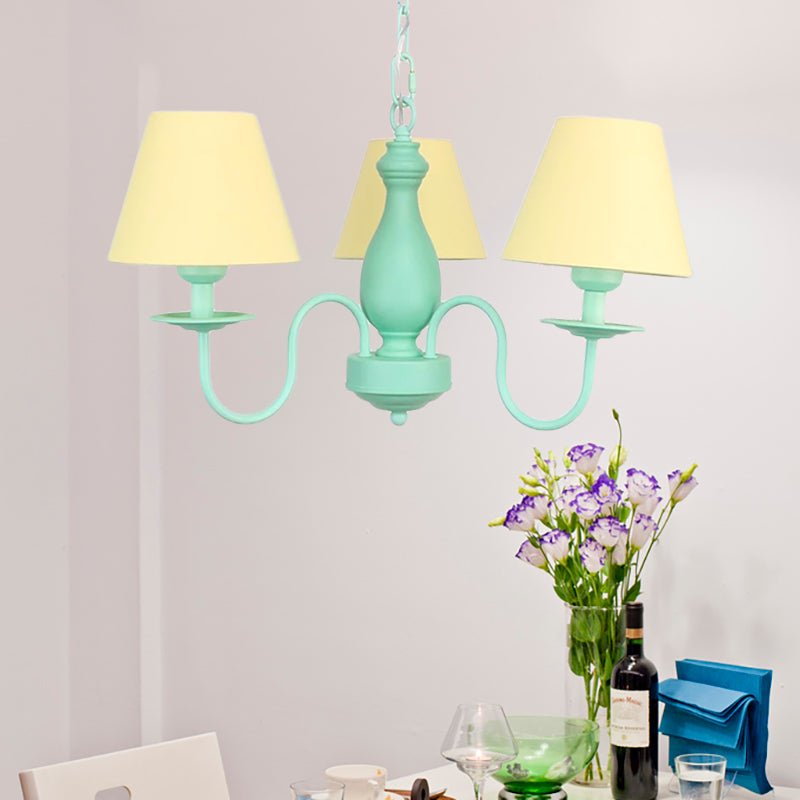 Three Heads Tapered Shade Chandelier Nordic Stylish Metal Hanging Light for Cafe Yellow Clearhalo 'Ceiling Lights' 'Chandeliers' Lighting' options 186635_2c1f2430-51c3-4698-a9e0-22b58be263a7