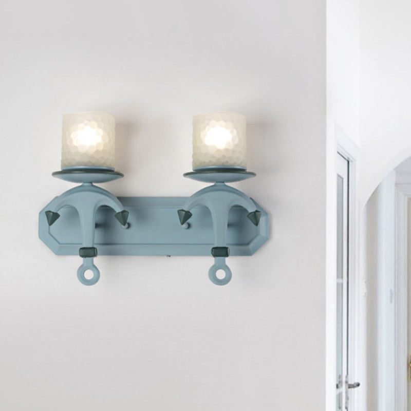Blue Cylinder Wall Light Fixture Nautical 1/2-Bulb Dimpled Glass Wall Mount Lamp with Resin Anchor Deco 2.0 Blue Clearhalo 'Wall Lamps & Sconces' 'Wall Lights' Lighting' 1866583