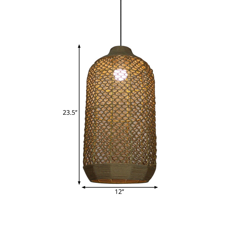 1 Light Dining Room Drop Pendant Chinese Style Beige Hanging Lamp Fixture with Woven Lantern Bamboo Shade Clearhalo 'Ceiling Lights' 'Pendant Lights' 'Pendants' Lighting' 1866624