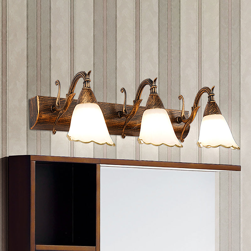 Floral Opal Glass Wall Light Fixture Simple 2/3-Light Bronze/Distressed White Wall Mounted Lighting with Curved Arm Clearhalo 'Cast Iron' 'Glass' 'Industrial' 'Modern wall lights' 'Modern' 'Tiffany' 'Traditional wall lights' 'Vanity Lights' 'Wall Lights' Lighting' 1866663