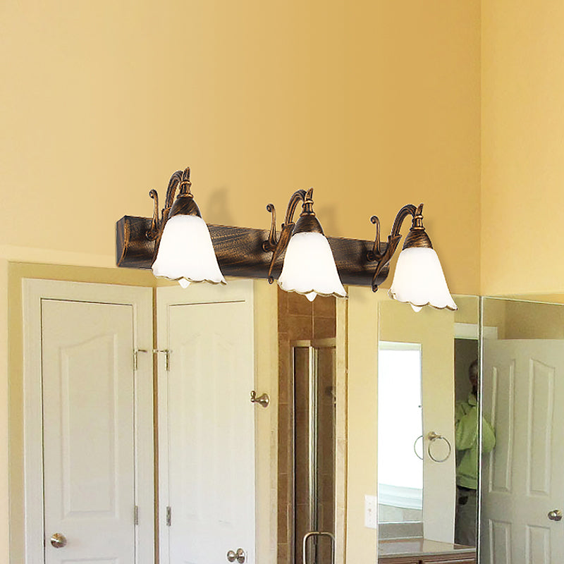 Floral Opal Glass Wall Light Fixture Simple 2/3-Light Bronze/Distressed White Wall Mounted Lighting with Curved Arm Clearhalo 'Cast Iron' 'Glass' 'Industrial' 'Modern wall lights' 'Modern' 'Tiffany' 'Traditional wall lights' 'Vanity Lights' 'Wall Lights' Lighting' 1866664