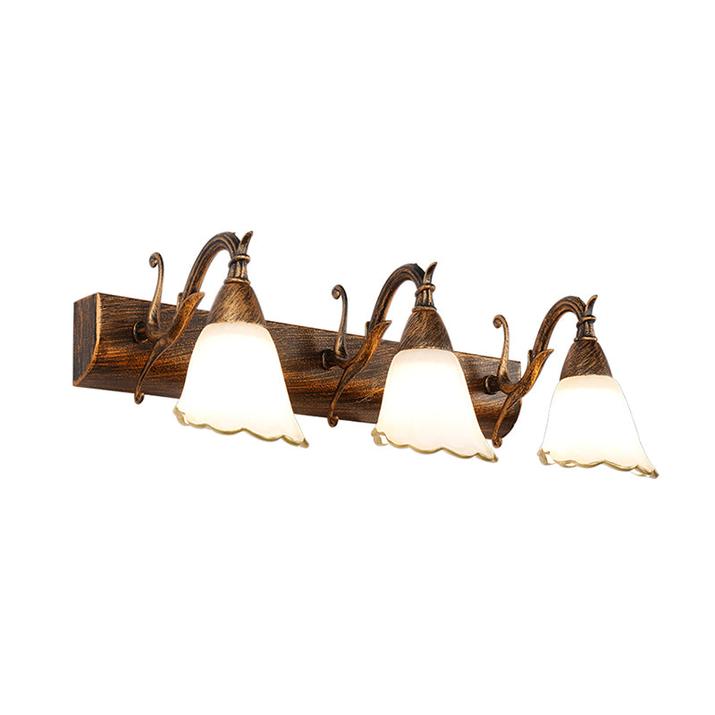 Floral Opal Glass Wall Light Fixture Simple 2/3-Light Bronze/Distressed White Wall Mounted Lighting with Curved Arm Clearhalo 'Cast Iron' 'Glass' 'Industrial' 'Modern wall lights' 'Modern' 'Tiffany' 'Traditional wall lights' 'Vanity Lights' 'Wall Lights' Lighting' 1866665