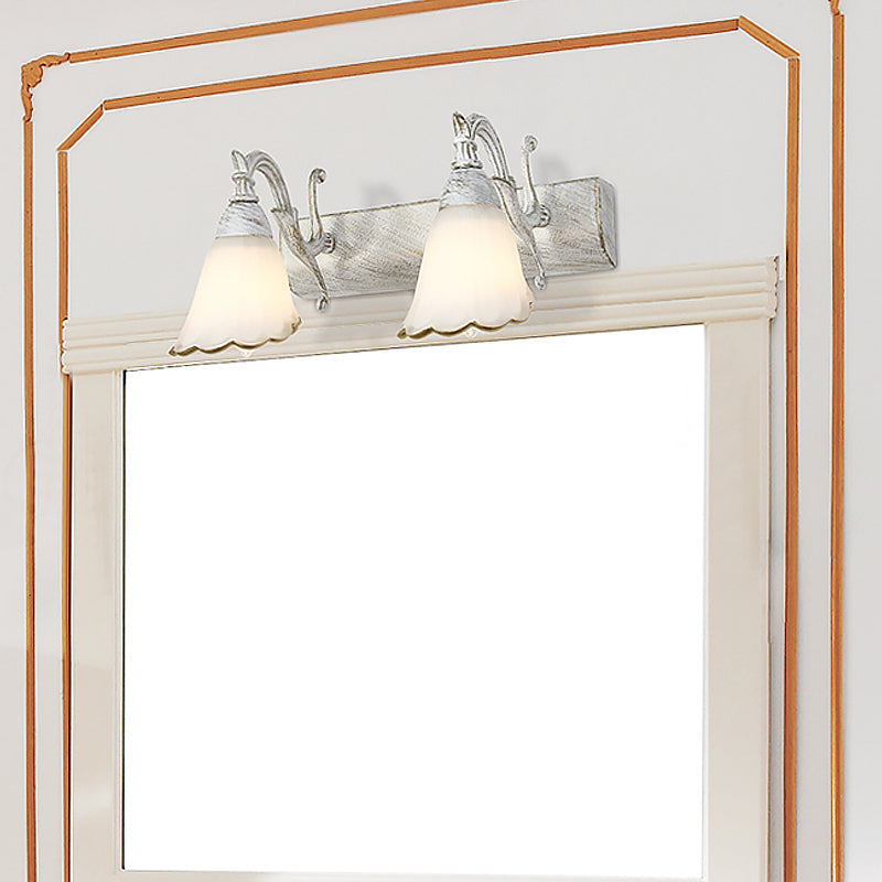 Floral Opal Glass Wall Light Fixture Simple 2/3-Light Bronze/Distressed White Wall Mounted Lighting with Curved Arm Clearhalo 'Cast Iron' 'Glass' 'Industrial' 'Modern wall lights' 'Modern' 'Tiffany' 'Traditional wall lights' 'Vanity Lights' 'Wall Lights' Lighting' 1866668