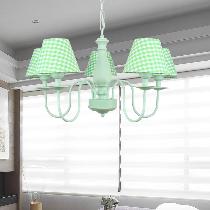 Macaron Loft Plaid Shade Chandelier Metal 4 Lights Green Hanging Light for Nursing Room Clearhalo 'Ceiling Lights' 'Chandeliers' Lighting' options 186676