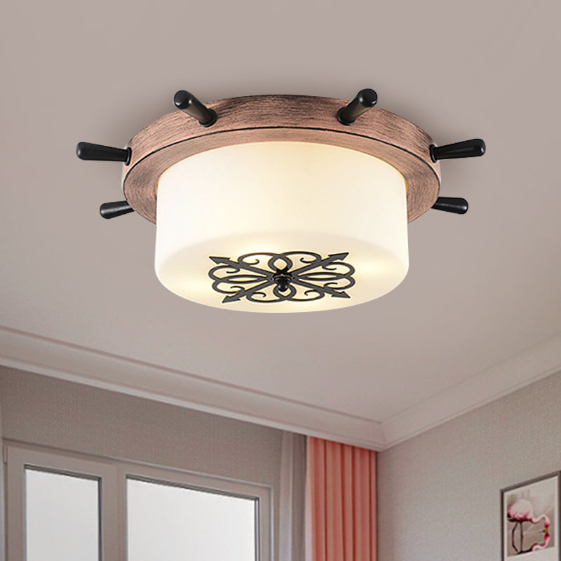 Drum Parlor Flush Mount Light White Glass LED Creative Ceiling Fixture with Rudder Design in Brown/Blue Clearhalo 'Ceiling Lights' 'Close To Ceiling Lights' 'Close to ceiling' 'Flush mount' Lighting' 1866859