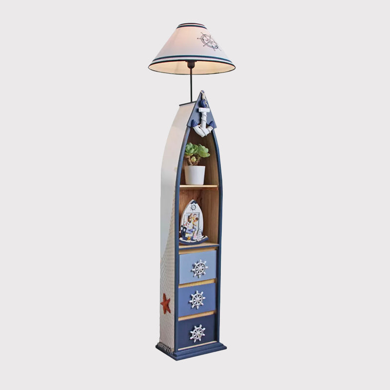 Wood Surfboard-Like Shelf Floor Lamp Children Single Head Pink/Green/Blue Standing Light with Cone White Fabric Shade Clearhalo 'Floor Lamps' 'Lamps' Lighting' 1867052