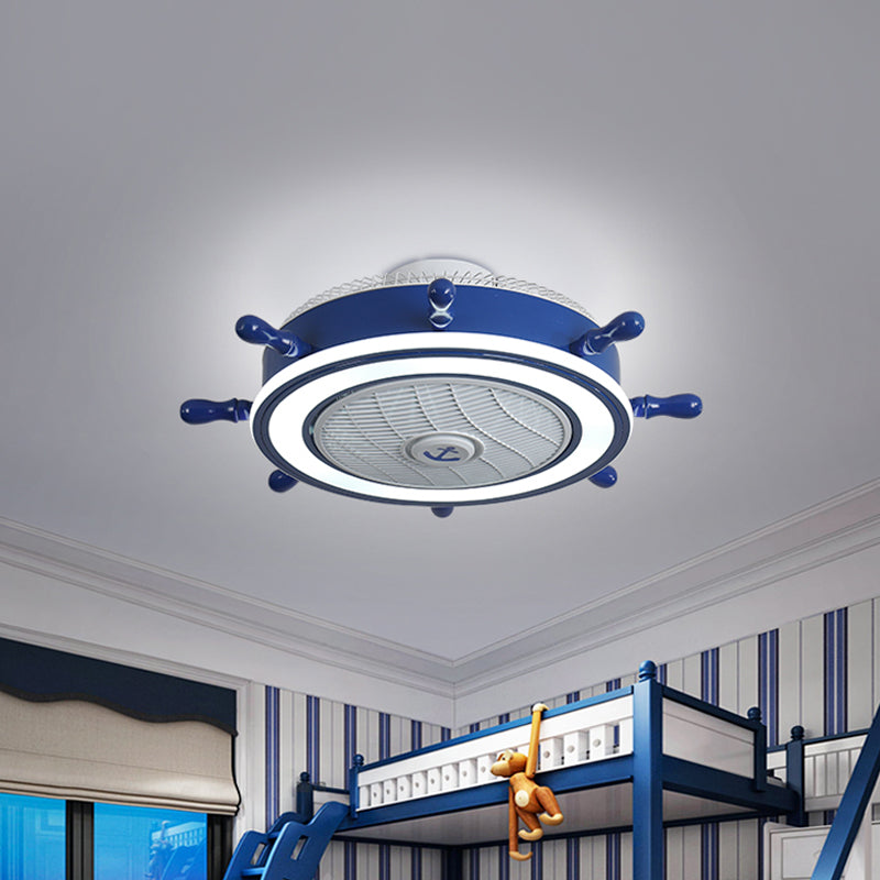Rudder Metal Hanging Fan Lamp Kids LED Blue Semi Flush Mount Light Fixture, 25.5