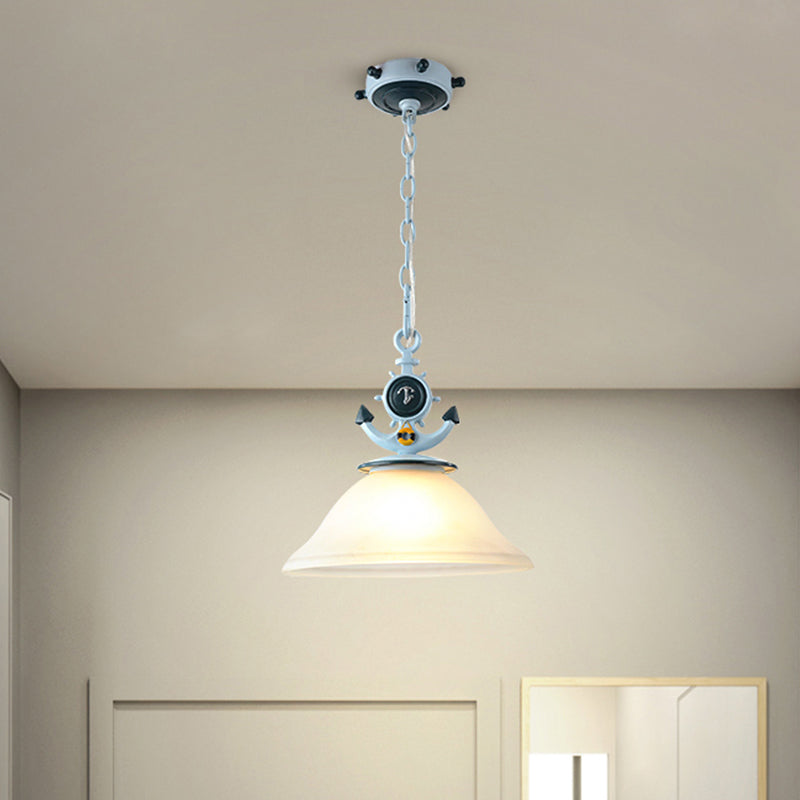 Coastal Column/Flared Pendant Light Frosted Glass 5"/13" W 1 Bulb Bedside Ceiling Lamp with Anchor Design in Blue Clearhalo 'Ceiling Lights' 'Glass shade' 'Glass' 'Pendant Lights' 'Pendants' Lighting' 1867448