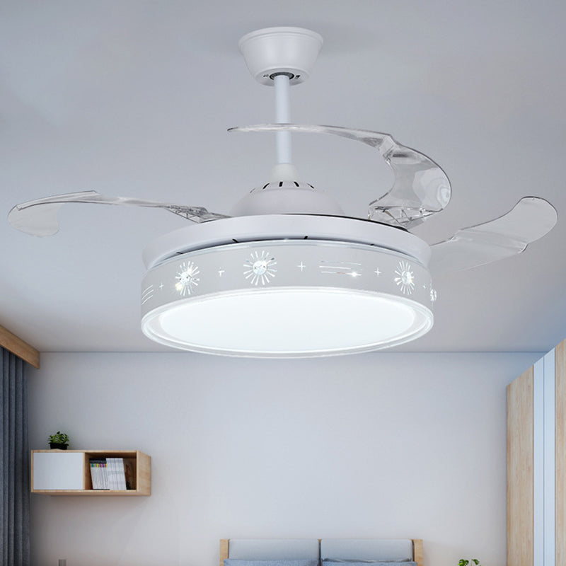 42" Wide Modern LED Semi Flush Light White Drum Hanging Fan Lighting with Metallic Shade, 3 Blades White Clearhalo 'Ceiling Fans with Lights' 'Ceiling Fans' 'Modern Ceiling Fans' 'Modern' Lighting' 1867460