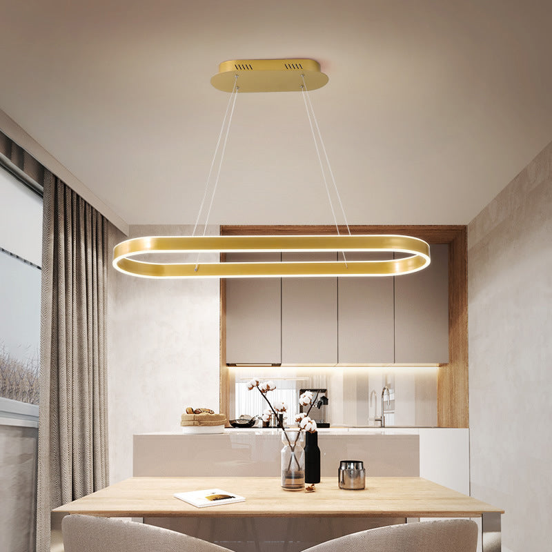 Modern Oval Frame Hanging Lamp Kit Metallic Dining Room LED Island Lamp in Gold, Warm/White Light Gold Clearhalo 'Ceiling Lights' 'Island Lights' Lighting' 1867485