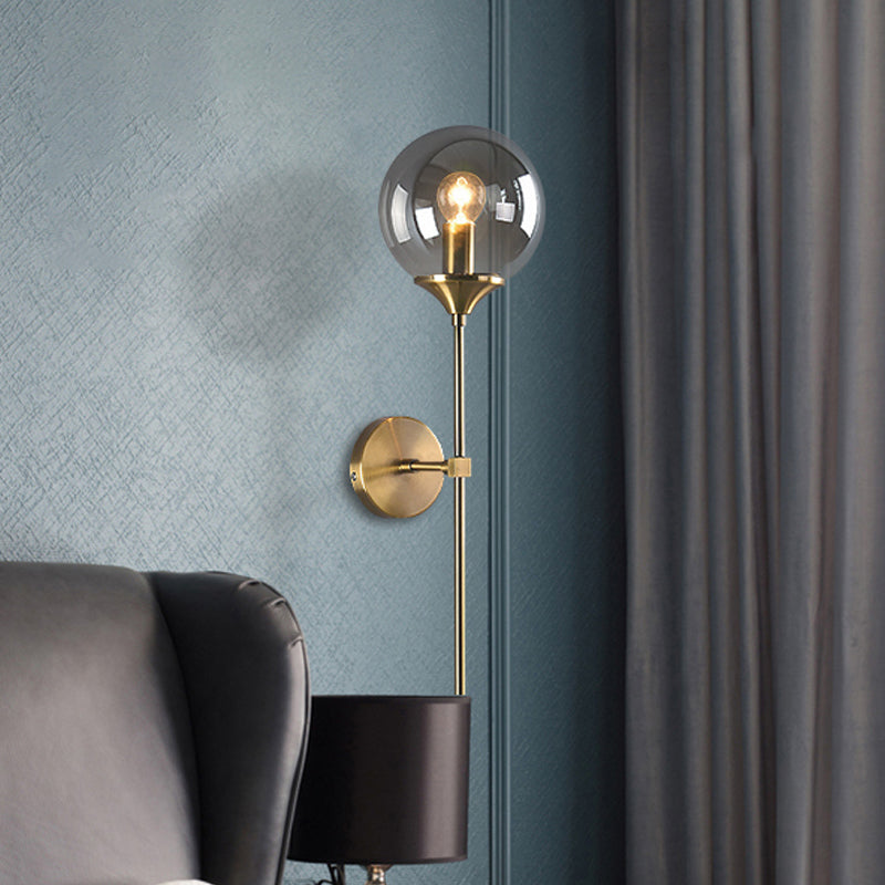 Simple Single Bulb Wall Mounted Lamp with Amber/Smoke Gray Glass Brass Sphere Sconce Light Fixture Smoke Gray Clearhalo 'Cast Iron' 'Glass' 'Industrial' 'Modern wall lights' 'Modern' 'Tiffany' 'Traditional wall lights' 'Wall Lamps & Sconces' 'Wall Lights' Lighting' 1867650