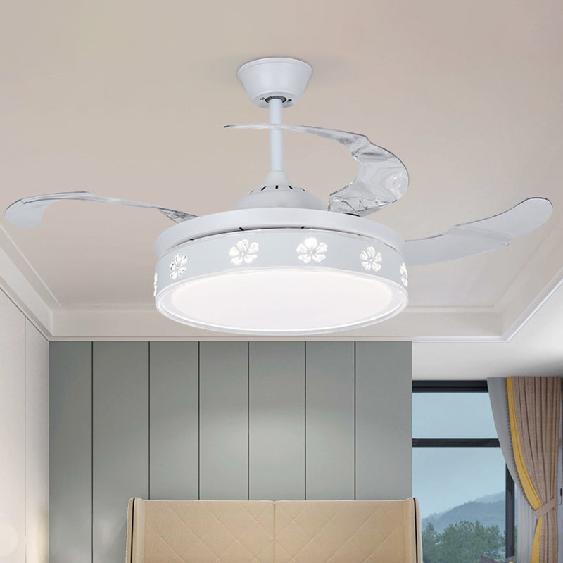 Metal Circle Semi Mount Lighting Modernism White 3 Blades LED Pendant Fan Light with Blossom Design, 42