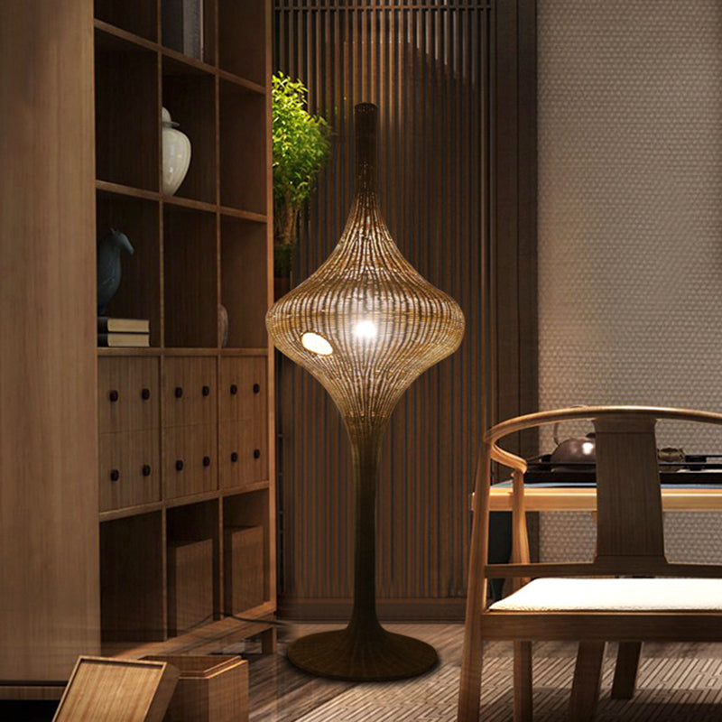 Asia 1 Head Stand Up Lamp Coffee Woven Urn-Like Floor Lighting with Bamboo Shade for Great Room Clearhalo 'Floor Lamps' 'Lamps' Lighting' 1867954