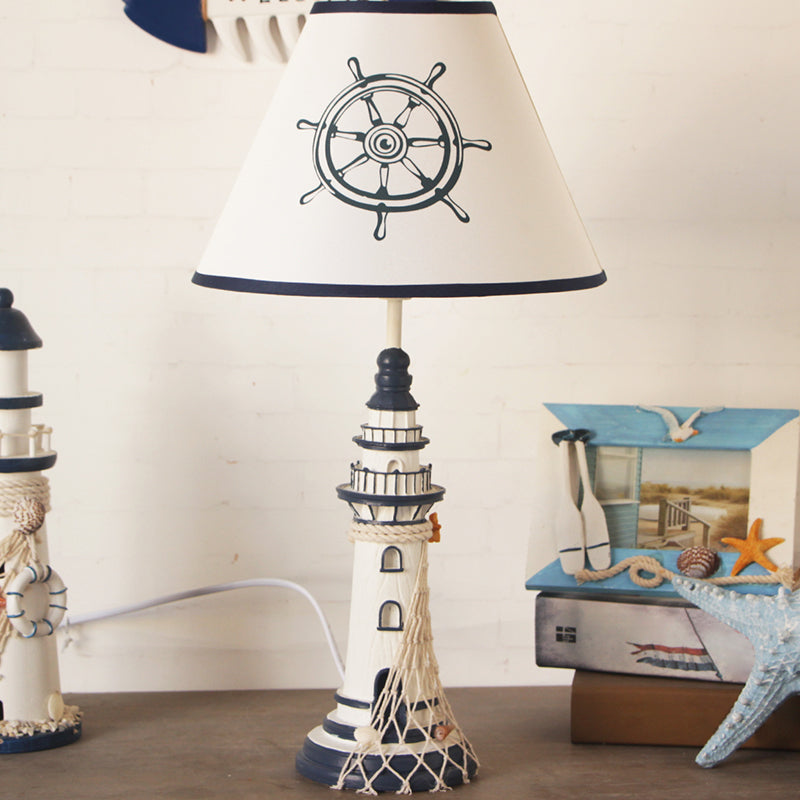 White Tapered Nightstand Lamp Kids 1 Light Fabric Table Lighting with Rudder/Lighthouse Base Clearhalo 'Lamps' 'Table Lamps' Lighting' 1867988