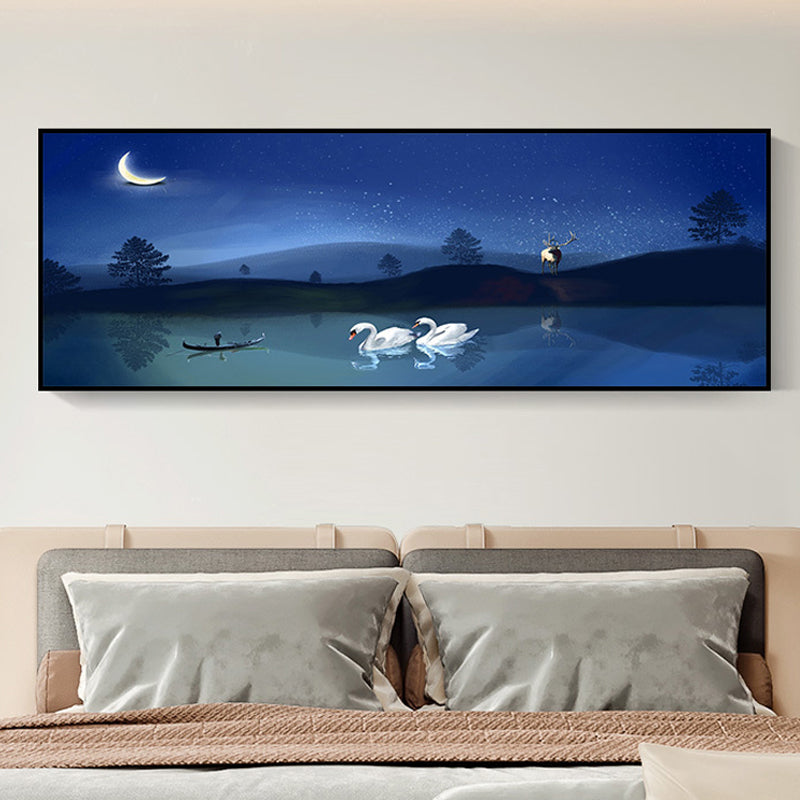 Wild Animal Wrapped Canvas Textured Tropical Style Bedroom Painting in Light Color Blue 14" x 39" Clearhalo 'Art Gallery' 'Canvas Art' 'Coastal Art Gallery' 'Tropical' Arts' 1868360