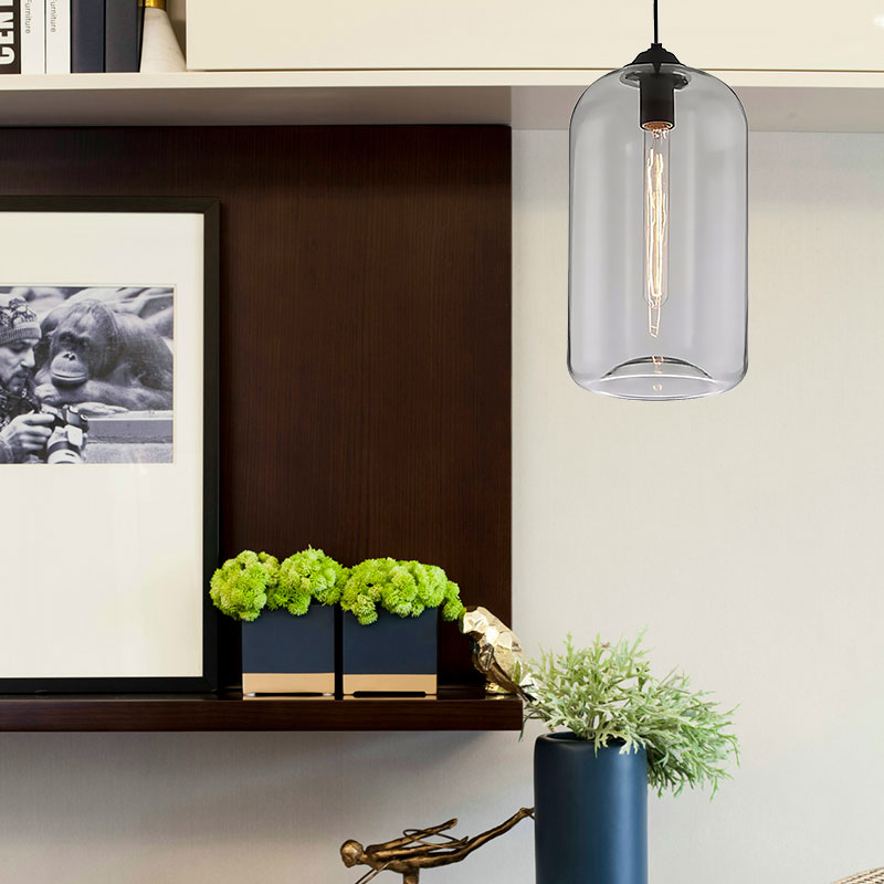 8" Wide Clear/Amber/Smoky Glass Cylindrical Pendant Light Contemporary 1 Light Black Hanging Lamp Fixture Clear 8" Clearhalo 'Ceiling Lights' 'Glass shade' 'Glass' 'Modern Pendants' 'Modern' 'Pendant Lights' 'Pendants' Lighting' 186976