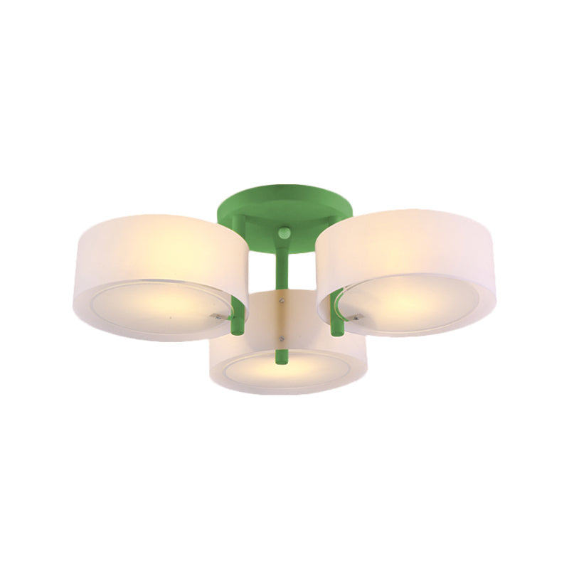 Macaron Semi Flush Mount Light Drum Shade 3 Lights Frosted Glass Ceiling Lamp for Kid Bedroom Clearhalo 'Ceiling Lights' 'Close To Ceiling Lights' 'Close to ceiling' 'Semi-flushmount' Lighting' 1870995
