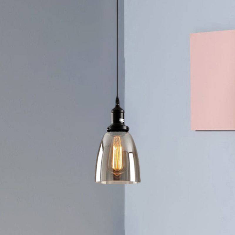 Black 1 Light Ceiling Pendant Light Industrial Smoked Glass Cone/Dome Hanging Lamp for Living Room Clearhalo 'Ceiling Lights' 'Chandeliers' 'Glass shade' 'Glass' 'Industrial Pendants' 'Industrial' 'Middle Century Pendants' 'Pendant Lights' 'Pendants' 'Tiffany' Lighting' 1871336