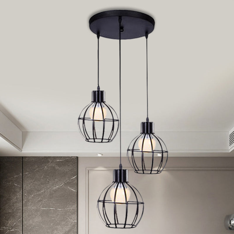 3 Lights Global Suspended Light with Cage Shade Vintage Stylish Black Metallic Ceiling Lamp Clearhalo 'Art Deco Pendants' 'Black' 'Cast Iron' 'Ceiling Lights' 'Ceramic' 'Crystal' 'Industrial Pendants' 'Industrial' 'Metal' 'Middle Century Pendants' 'Pendant Lights' 'Pendants' 'Rustic Pendants' 'Tiffany' Lighting' 1871407