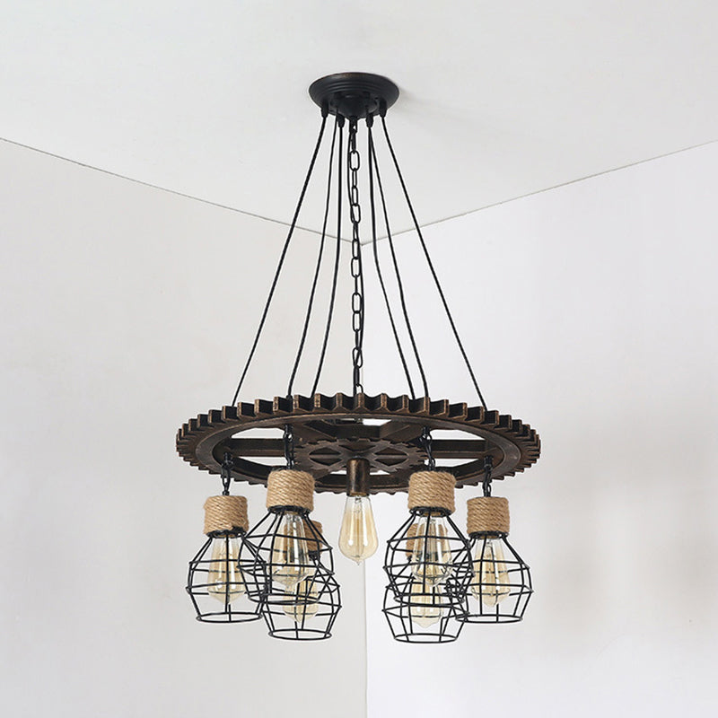 5/7-Head Wire Guard Suspended Lamp with Gear Deco Antique Stylish Black Finish Iron Pendant Light Fixture Clearhalo 'Art Deco Pendants' 'Black' 'Cast Iron' 'Ceiling Lights' 'Ceramic' 'Crystal' 'Industrial Pendants' 'Industrial' 'Metal' 'Middle Century Pendants' 'Pendant Lights' 'Pendants' 'Rustic Pendants' 'Tiffany' Lighting' 1871452