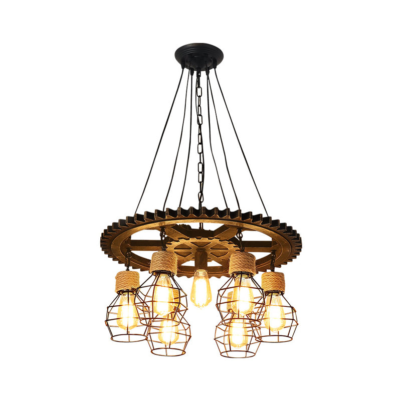 5/7-Head Wire Guard Suspended Lamp with Gear Deco Antique Stylish Black Finish Iron Pendant Light Fixture Clearhalo 'Art Deco Pendants' 'Black' 'Cast Iron' 'Ceiling Lights' 'Ceramic' 'Crystal' 'Industrial Pendants' 'Industrial' 'Metal' 'Middle Century Pendants' 'Pendant Lights' 'Pendants' 'Rustic Pendants' 'Tiffany' Lighting' 1871453