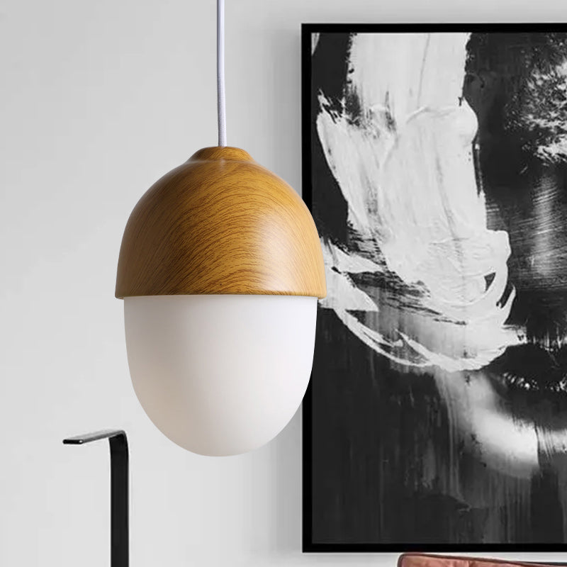 1 Light Nut Shaped Hanging Light Japanese Style Glass & Wood Pendant Light in White for Shop Wood D Clearhalo 'Ceiling Lights' 'Modern Pendants' 'Modern' 'Pendant Lights' 'Pendants' Lighting' 1871671
