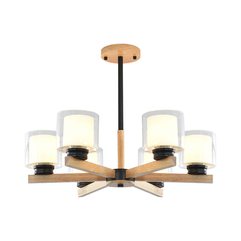 Double Glass Cylinder Shade Hanging Chandelier 3/6 Light Wooden Ceiling Lamp for Living Room Clearhalo 'Carpenter Chandeliers' 'Ceiling Lights' 'Chandeliers' 'Industrial' 'Modern Chandeliers' 'Modern' Lighting' 1871704