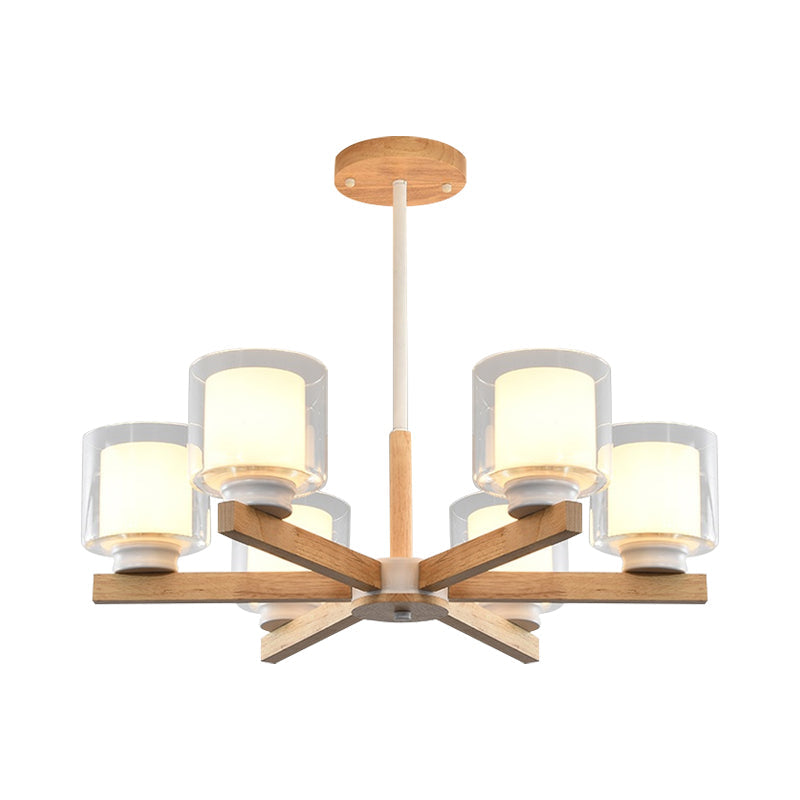 Double Glass Cylinder Shade Hanging Chandelier 3/6 Light Wooden Ceiling Lamp for Living Room Clearhalo 'Carpenter Chandeliers' 'Ceiling Lights' 'Chandeliers' 'Industrial' 'Modern Chandeliers' 'Modern' Lighting' 1871709