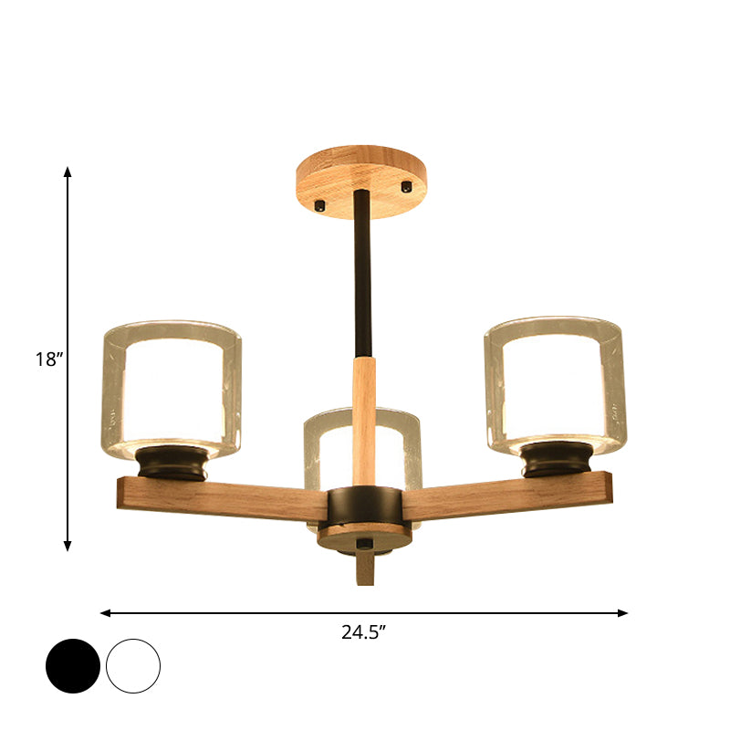 Double Glass Cylinder Shade Hanging Chandelier 3/6 Light Wooden Ceiling Lamp for Living Room Clearhalo 'Carpenter Chandeliers' 'Ceiling Lights' 'Chandeliers' 'Industrial' 'Modern Chandeliers' 'Modern' Lighting' 1871714