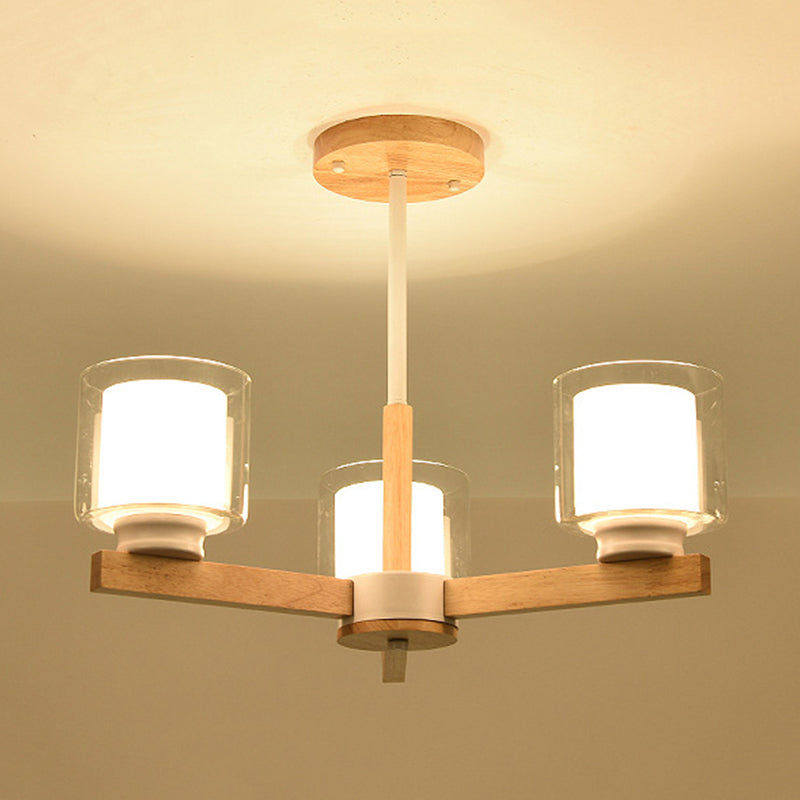 Double Glass Cylinder Shade Hanging Chandelier 3/6 Light Wooden Ceiling Lamp for Living Room Clearhalo 'Carpenter Chandeliers' 'Ceiling Lights' 'Chandeliers' 'Industrial' 'Modern Chandeliers' 'Modern' Lighting' 1871718