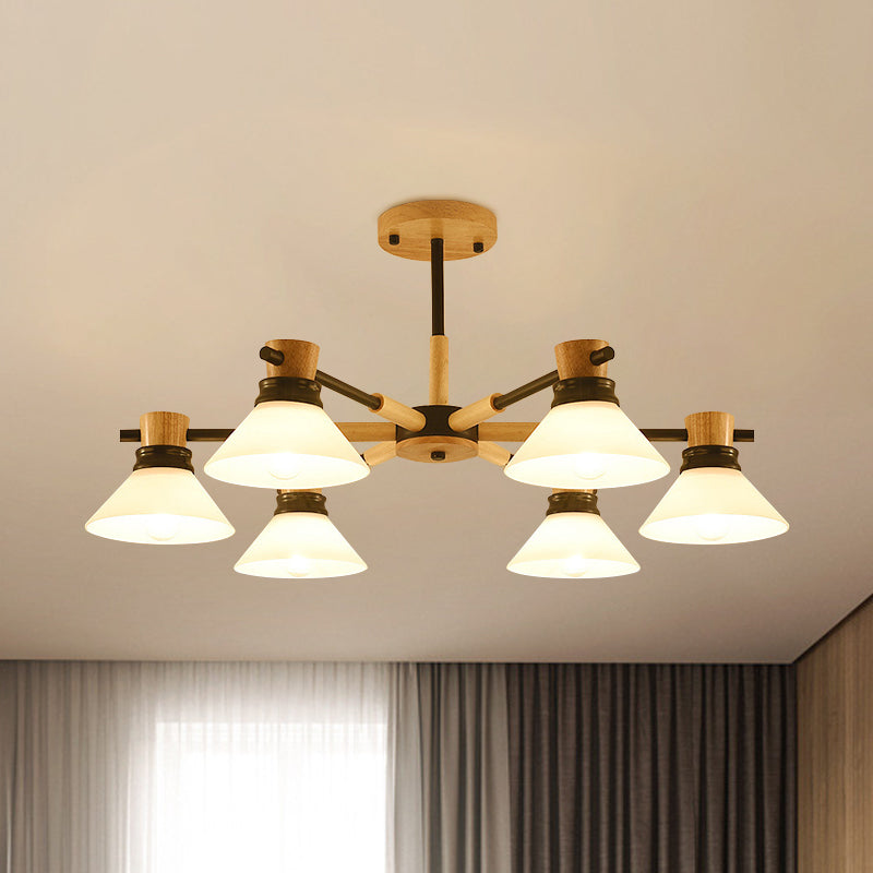 Black/Gold Branch Cone Shade Pendant Chandelier Modern Glass and Wood Hanging Light for Sitting Room 6 Black Clearhalo 'Carpenter Chandeliers' 'Ceiling Lights' 'Chandeliers' 'Industrial' 'Modern Chandeliers' 'Modern' Lighting' 1871719