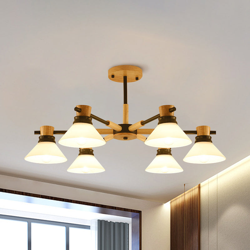 Black/Gold Branch Cone Shade Pendant Chandelier Modern Glass and Wood Hanging Light for Sitting Room Clearhalo 'Carpenter Chandeliers' 'Ceiling Lights' 'Chandeliers' 'Industrial' 'Modern Chandeliers' 'Modern' Lighting' 1871720