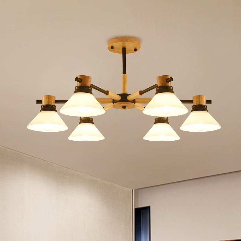 Black/Gold Branch Cone Shade Pendant Chandelier Modern Glass and Wood Hanging Light for Sitting Room Clearhalo 'Carpenter Chandeliers' 'Ceiling Lights' 'Chandeliers' 'Industrial' 'Modern Chandeliers' 'Modern' Lighting' 1871721